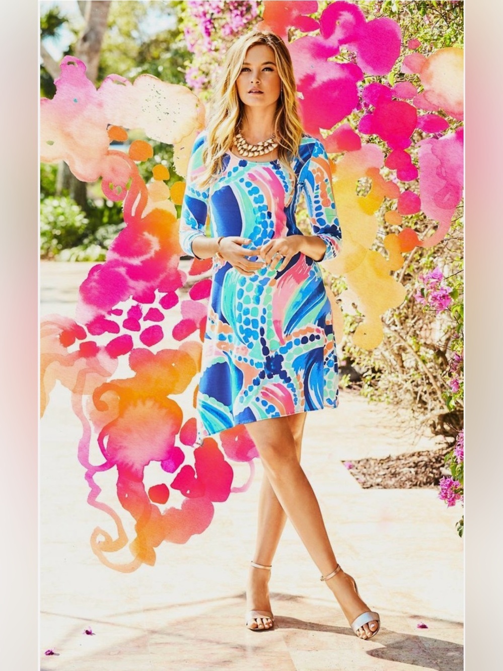 Lilly Pulitzer Ariana Ocean Jewel Multi Asymmetric Jersey Swing Dress Med